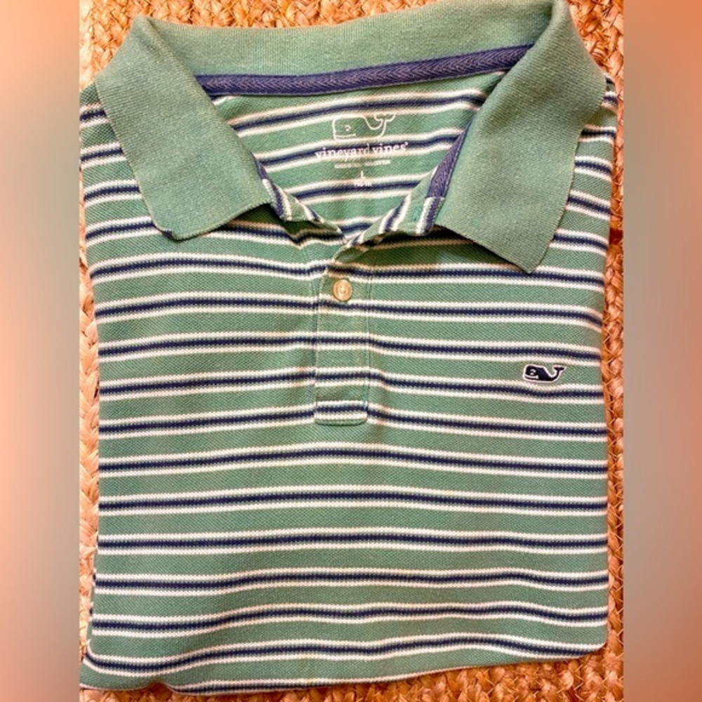 Vineyard Vines Boys Large (16-18) 100% Cotton Pique Knit Blue/Green Striped Polo
